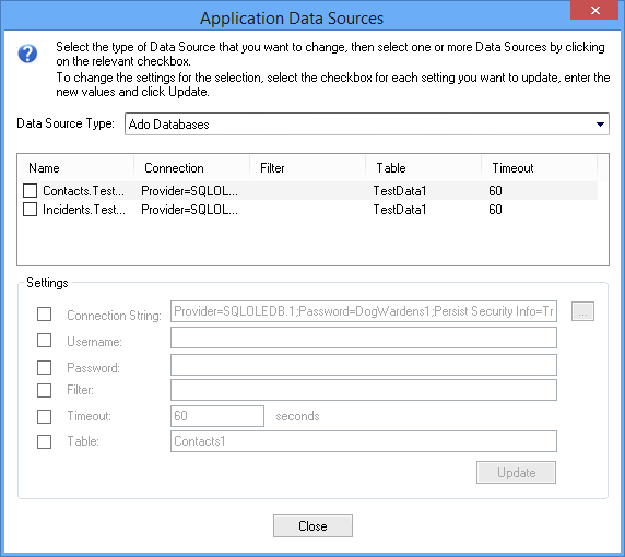 Picture showing the Application Data Sources dialog box.